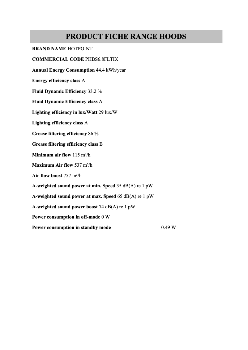 Page 1 of the manual Technical Sheet Hotpoint PHBS6.8FLTIX