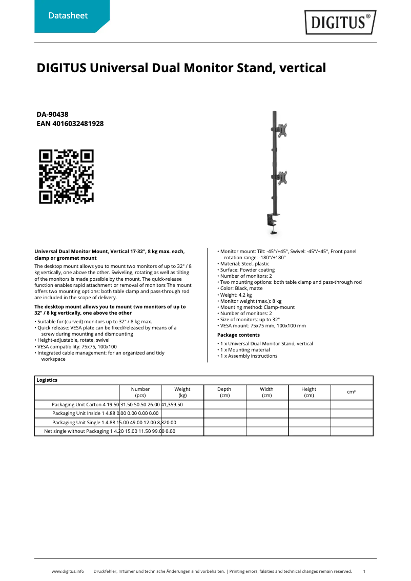 Page 1 of the manual Technical Sheet Digitus DA-90438