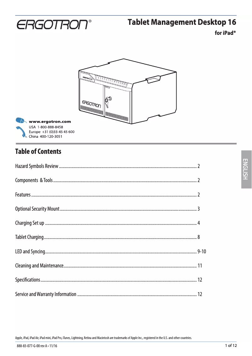 Page 1 de la notice Manuel utilisateur Ergotron Tablet Management Desktop 16