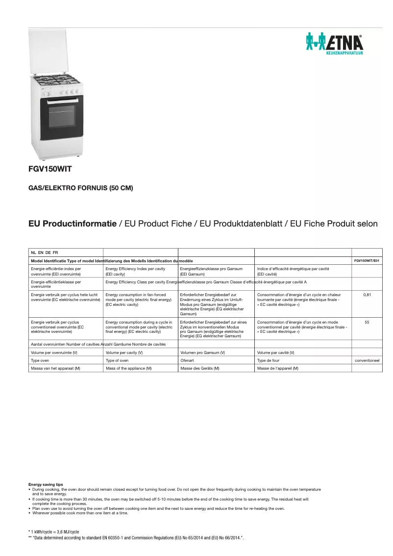 Page 1 of the manual Technical Sheet Etna FGV150WIT