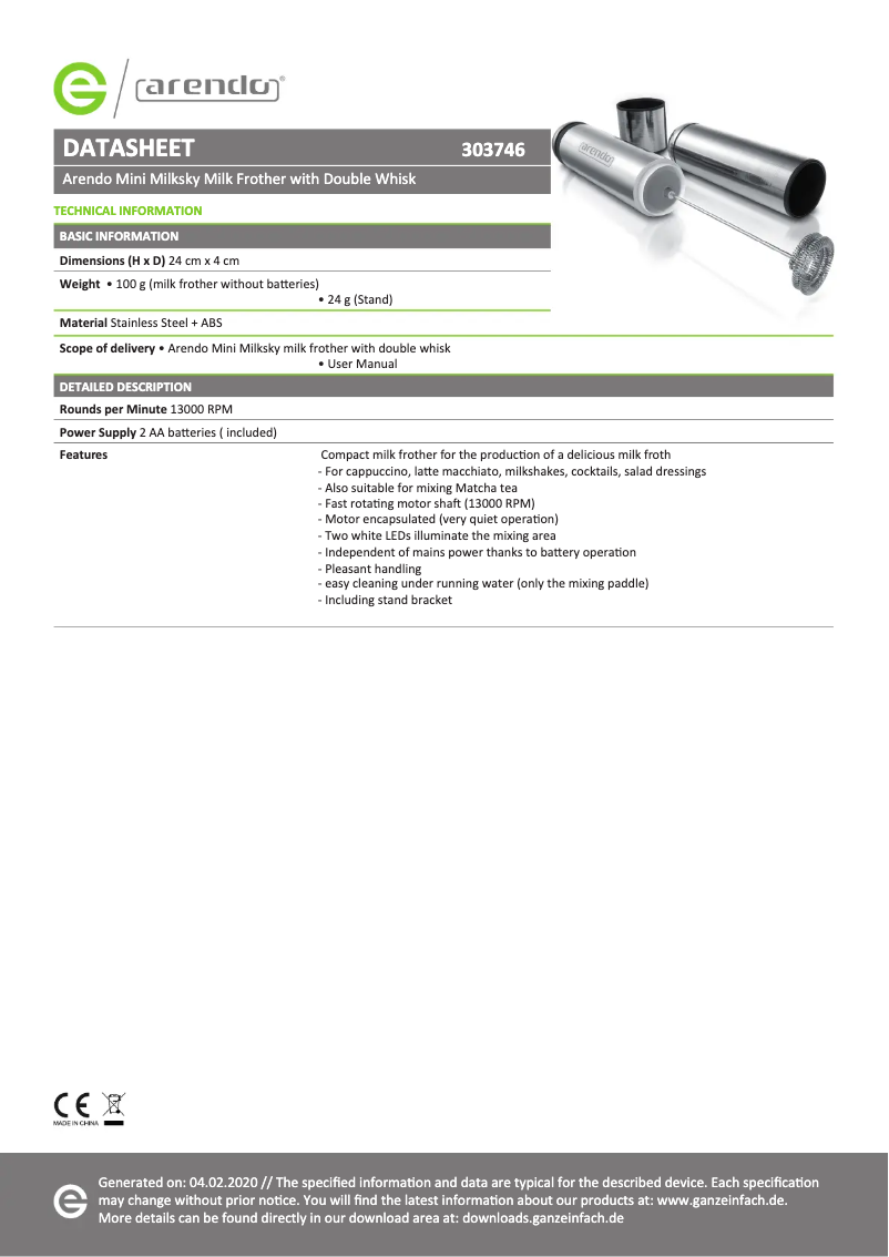 Page 1 of the manual Technical Sheet Arendo 303746