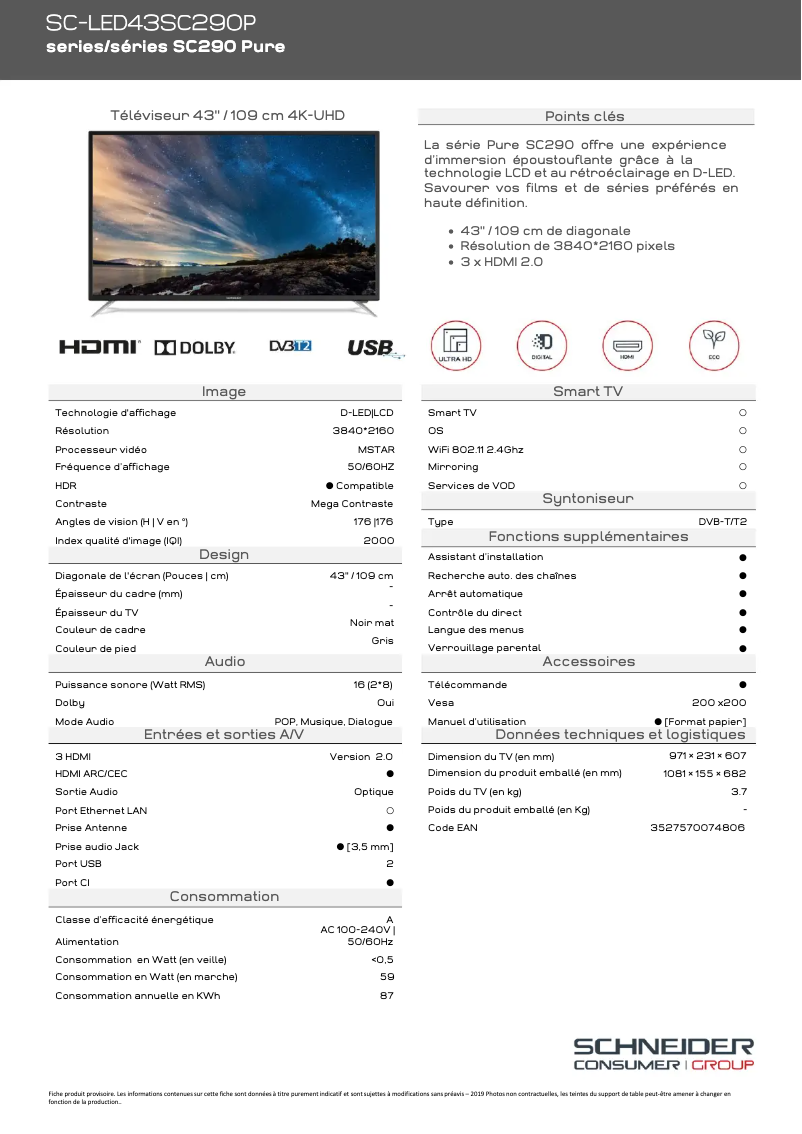 Page 1 of the manual Technical Sheet Schneider SC-LED43SC290P