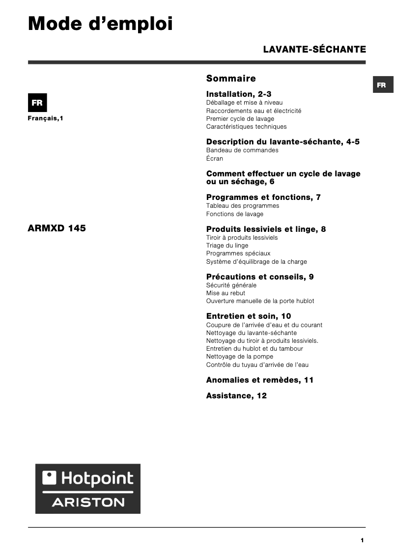 Page 1 of the manual User Manual Hotpoint Ariston ARMXD 145