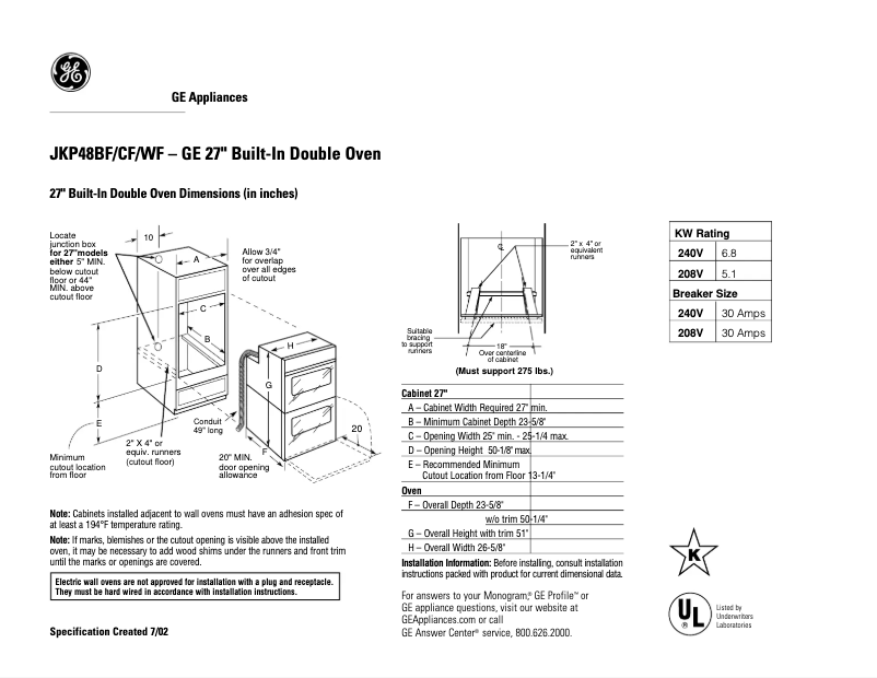 Page 1 of the manual Technical Sheet GE JKP48WFWW