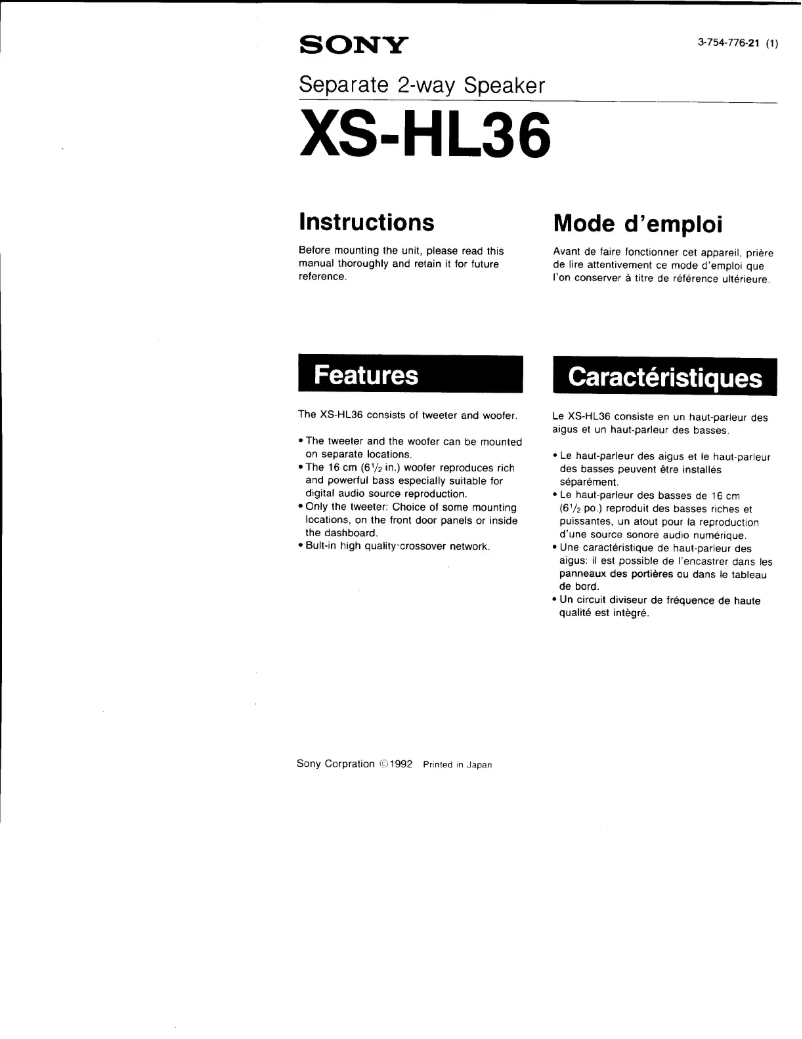 First page image of the manual for XS-HL36