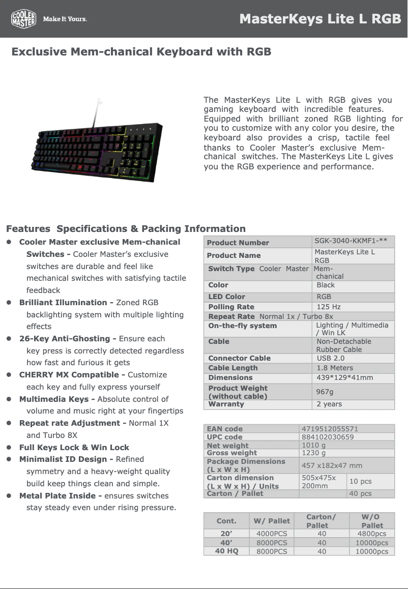 First page image of the manual for MasterKeys Lite L