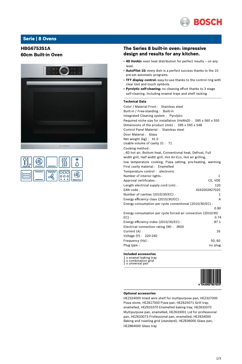 Page 1 of the manual Technical Sheet Bosch HBG6753S1A