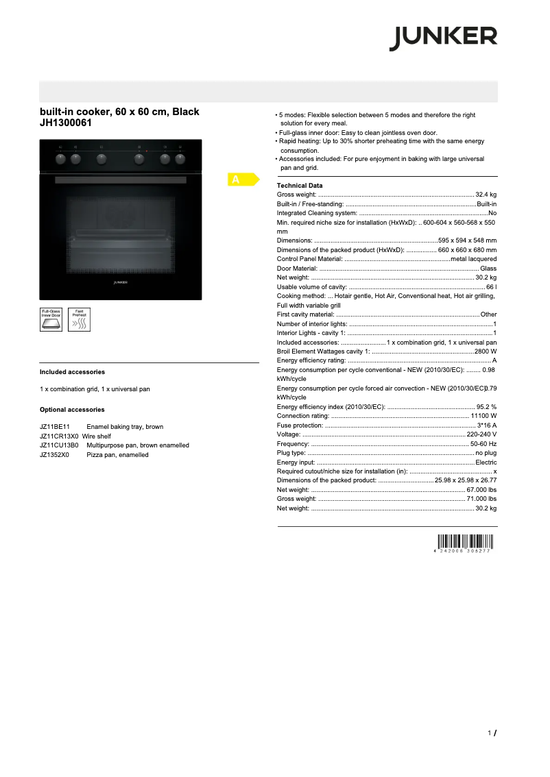 Page 1 of the manual Technical Sheet Junker JH1300061
