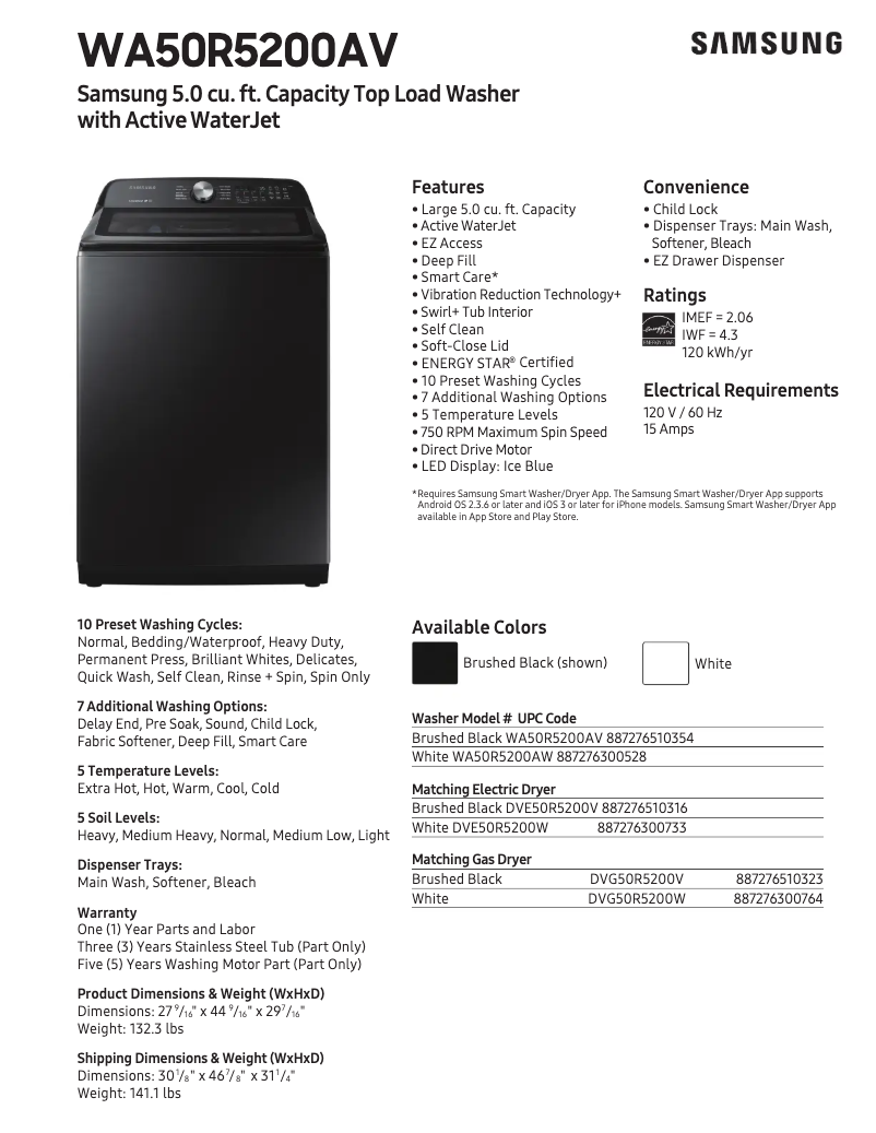 Page 1 of the manual Technical Sheet Samsung WA50R5200AW