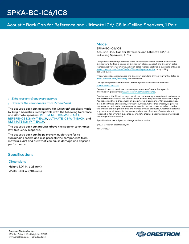 Page 1 de la notice Fiche technique Crestron SPKA-BC-IC6/IC8