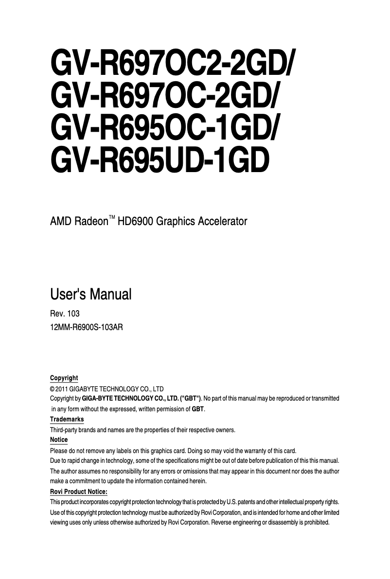 Page 1 of the manual User Manual Gigabyte Radeon HD6970 2GB