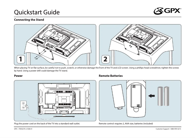 Page 1 of the manual Quick Start Guide GPX TDE3274RP