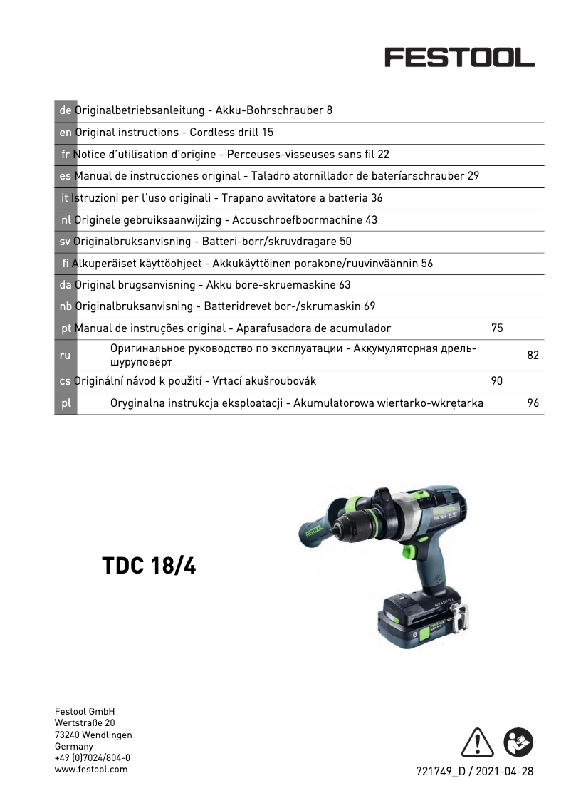 Page 1 of the manual User Manual Festool TDC 18/4 5,2/4,0 I-Set