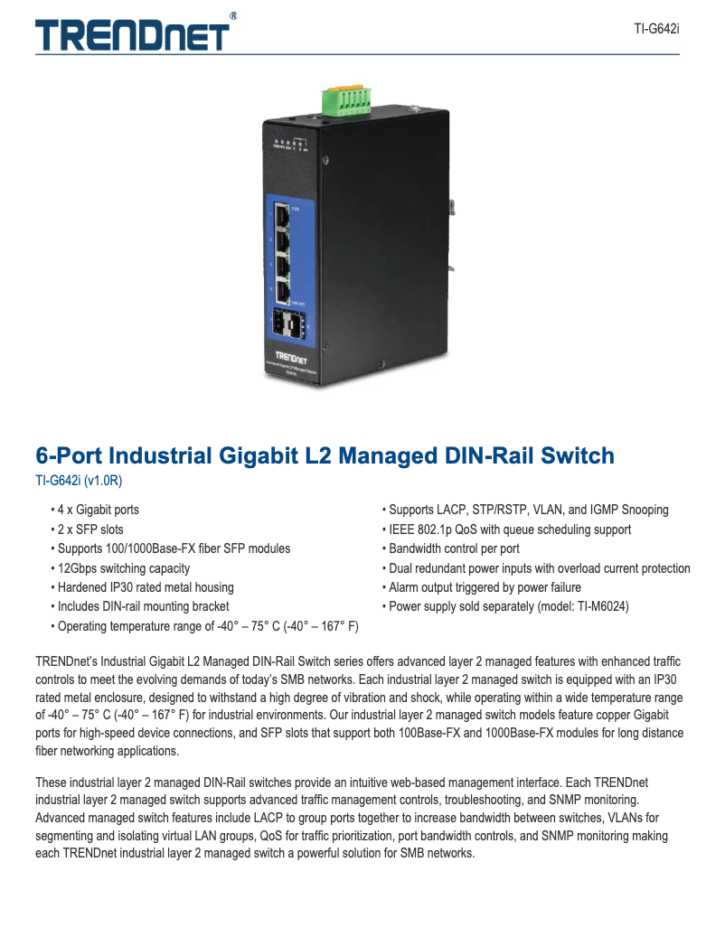 Page 1 of the manual Technical Sheet TRENDnet TI-G642i