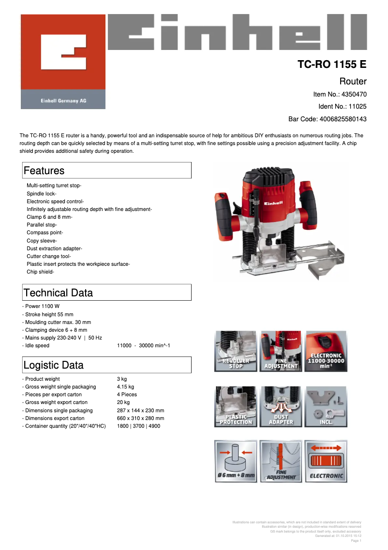 Page 1 of the manual Technical Sheet Einhell TC-RO 1155 E