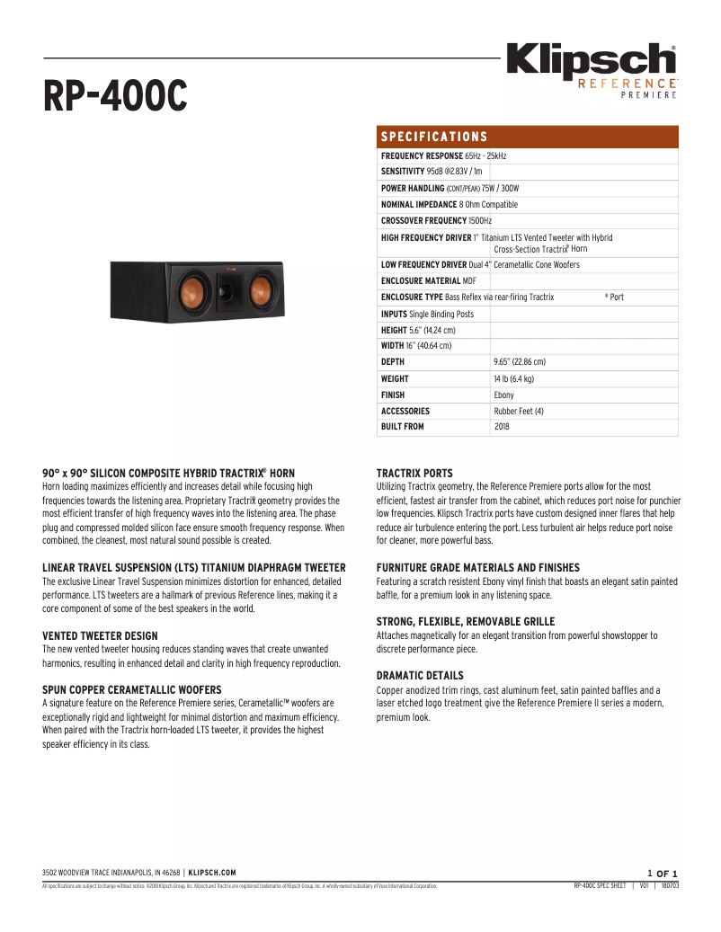 Page 1 of the manual Technical Sheet Klipsch Reference Premiere RP-400C