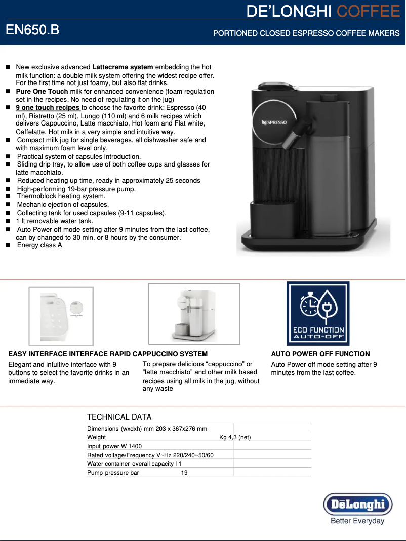 Page 1 of the manual Technical Sheet DeLonghi Nespresso Gran Lattissima EN650