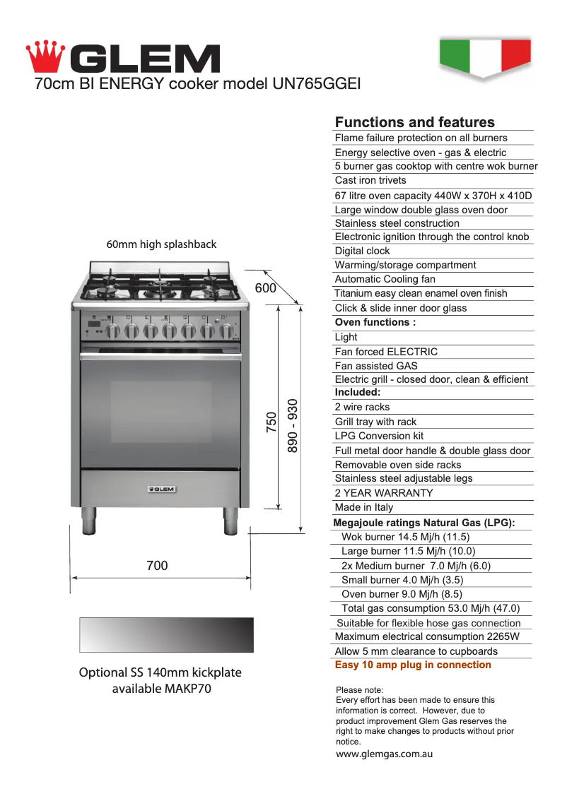 Page 1 of the manual Technical Sheet Glem Gas UN765GGEI