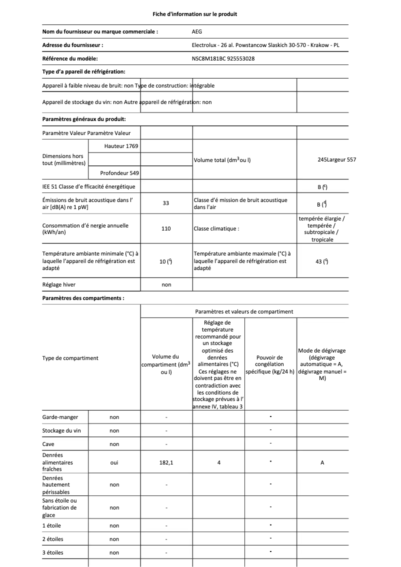 Page 1 of the manual Technical Sheet AEG NSC8M181BC
