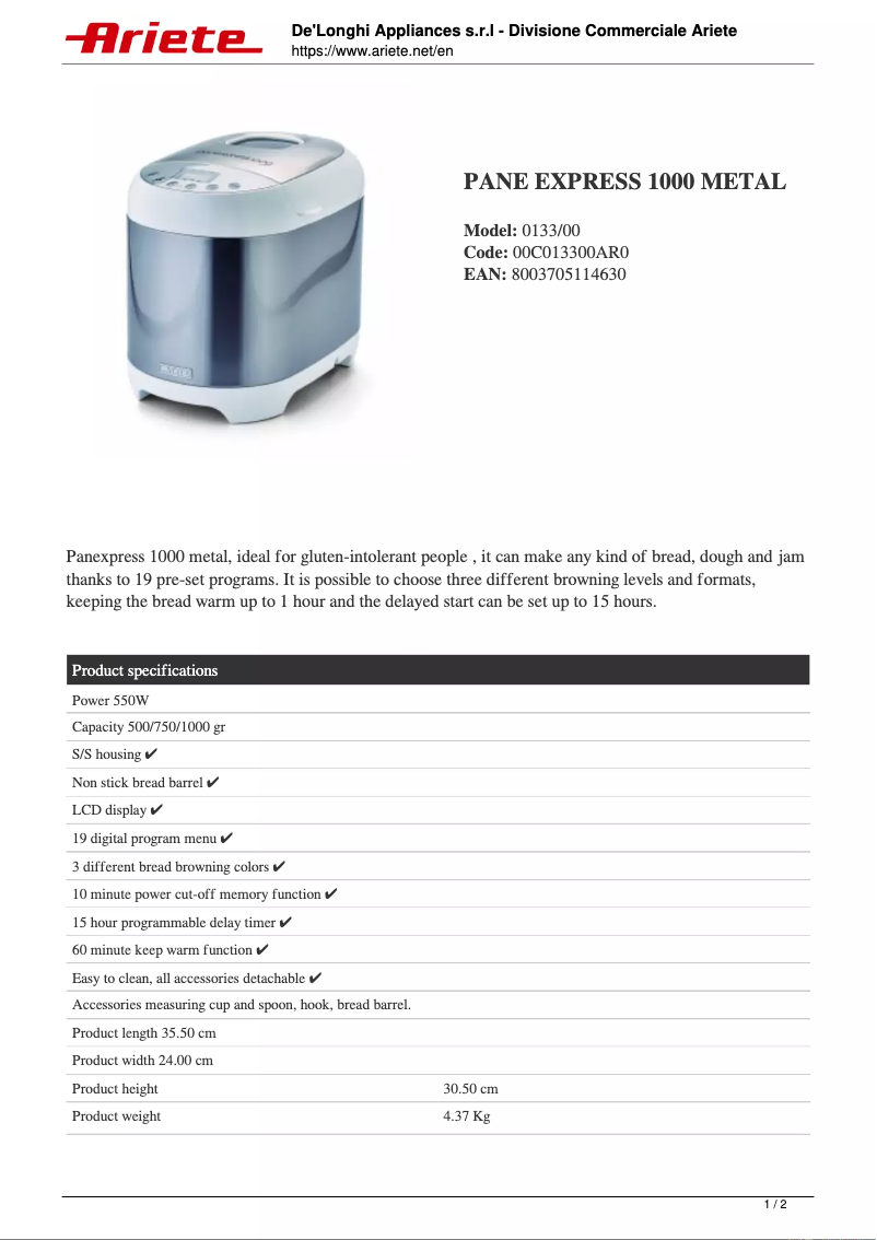 Page 1 of the manual Technical Sheet Ariete Panexpress 1000 Metal 0133