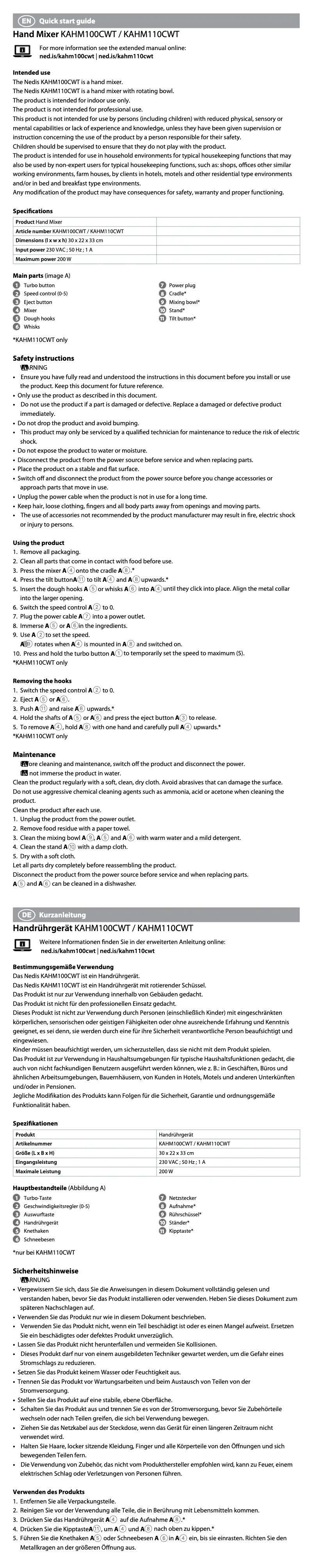 First page image of the manual for KAHM110CWT