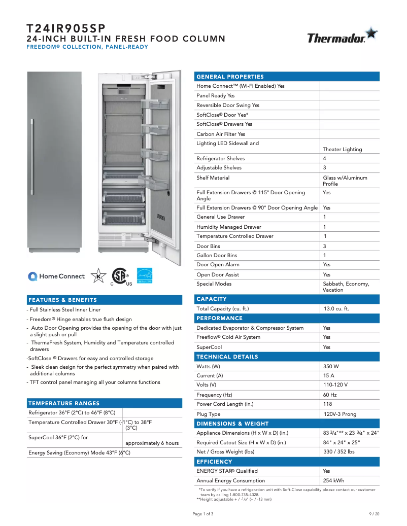 Page 1 of the manual Technical Sheet Thermador T24IR905SP