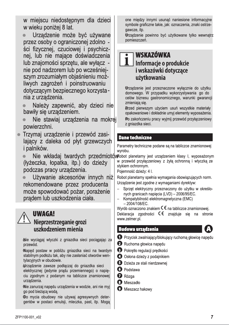 Page 1 de la notice Manuel utilisateur Zelmer FP1100
