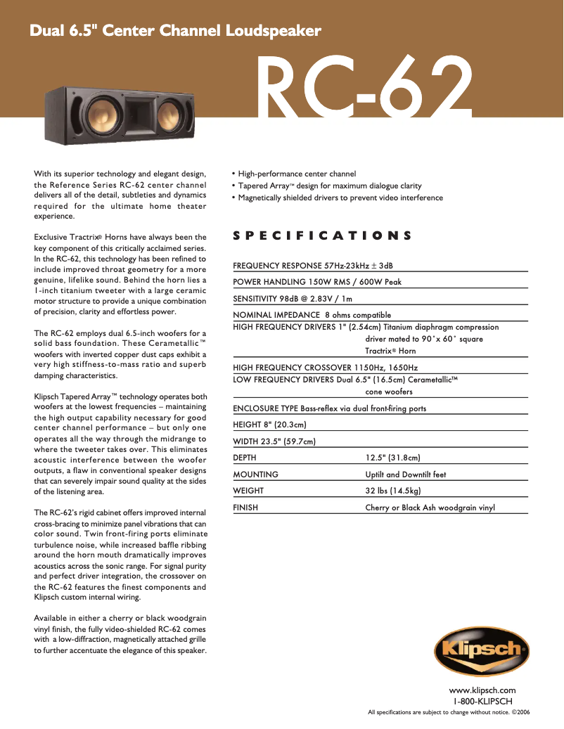 Page 1 of the manual Technical Sheet Klipsch Reference RC-62 II