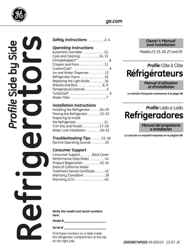Page 1 of the manual Use and Maintenance Manual GE GSF25XGWWW