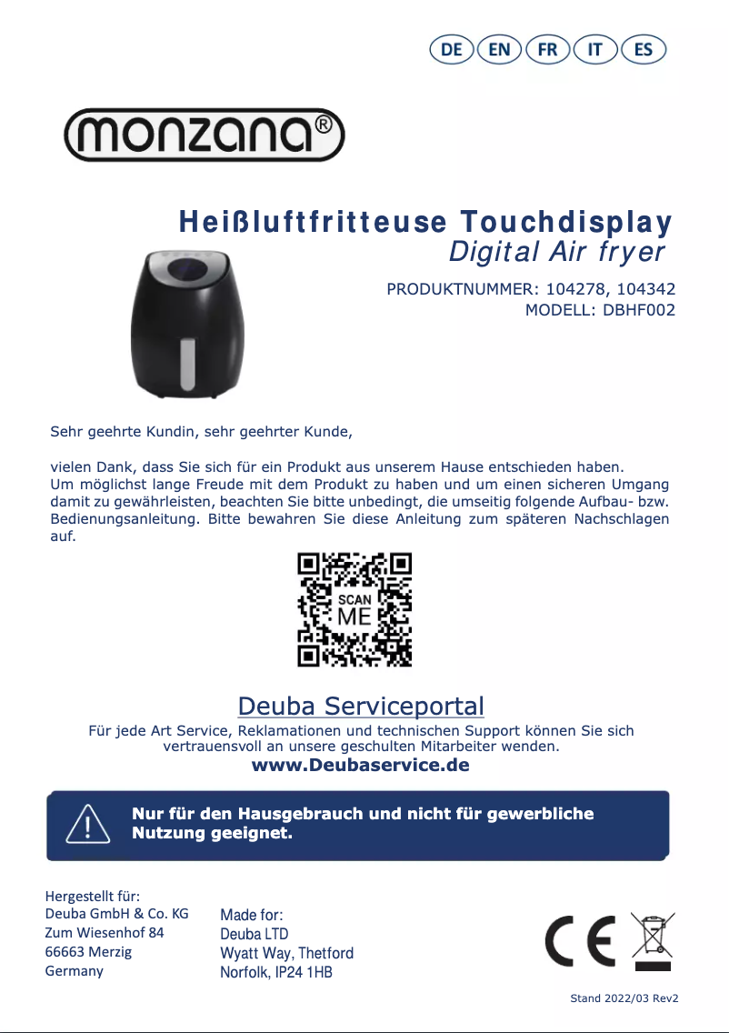 Page 1 of the manual User Manual Monzana DBHF002