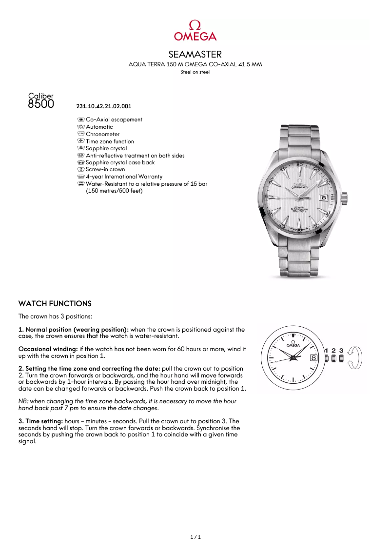 First page image of the manual for Seamaster Aqua Terra 150 M