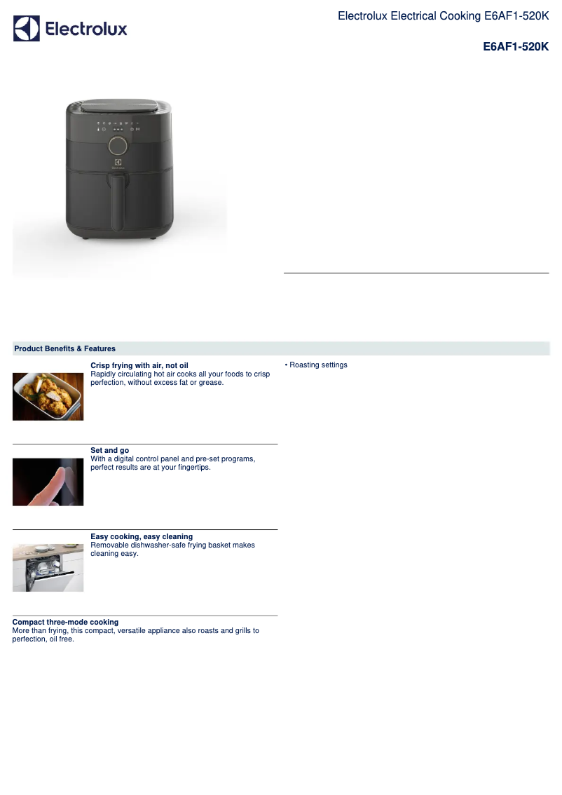 Page 1 of the manual Technical Sheet Electrolux Air Fryer E6AF1-520K