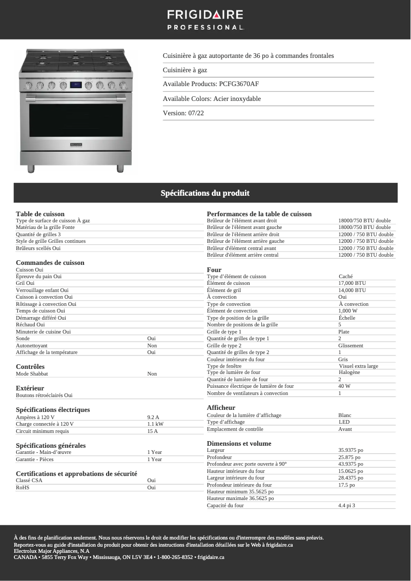 Page 1 of the manual Technical Sheet Frigidaire PCFG3670AF