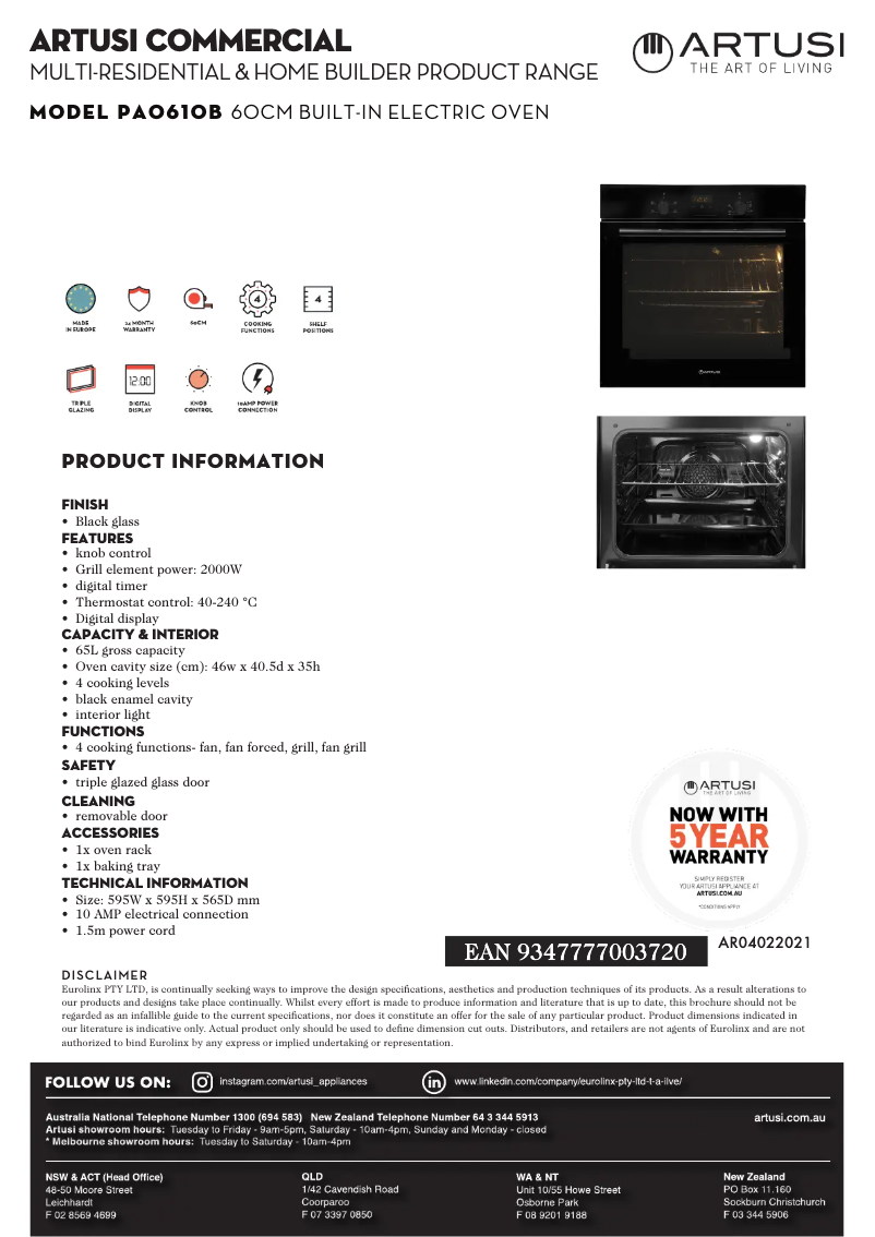 Page 1 of the manual Technical Sheet Artusi PAO610B