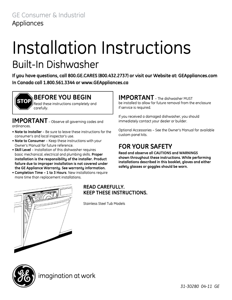 Page 1 of the manual Installation Guide GE Profile PDWT505VWW