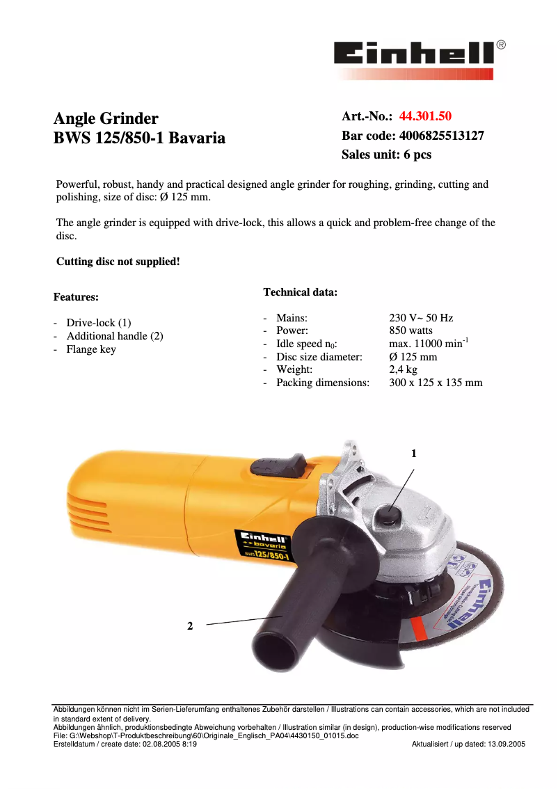 First page image of the manual for BWS 125/850-1