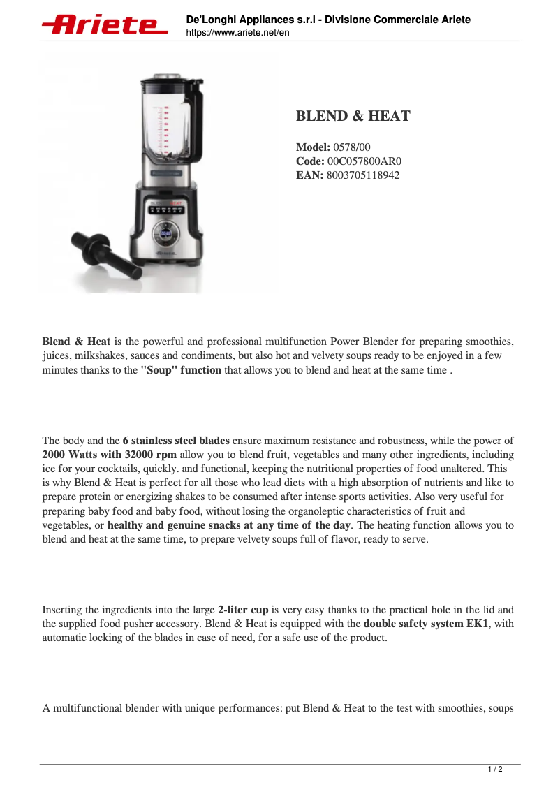 Page 1 of the manual Technical Sheet Ariete Blend & Heat 578