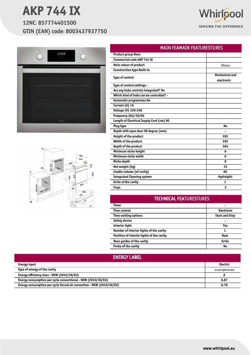 Page 1 of the manual Technical Sheet Whirlpool AKP 744