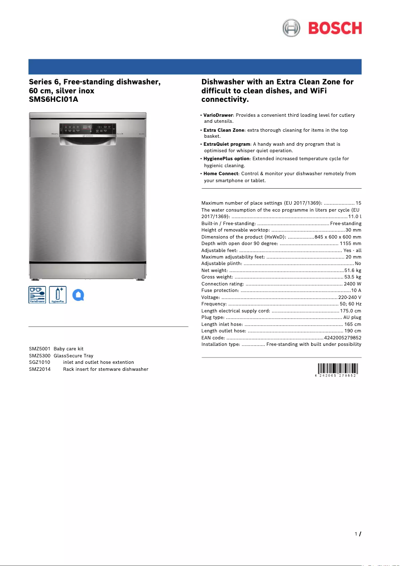 Page 1 of the manual Technical Sheet Bosch SMS6HCI01A
