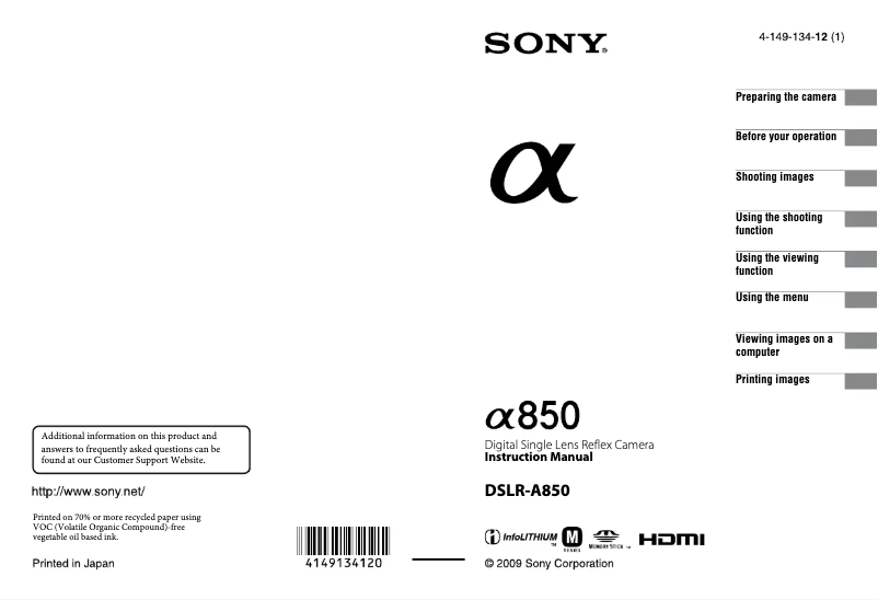 First page image of the manual for Alpha A850