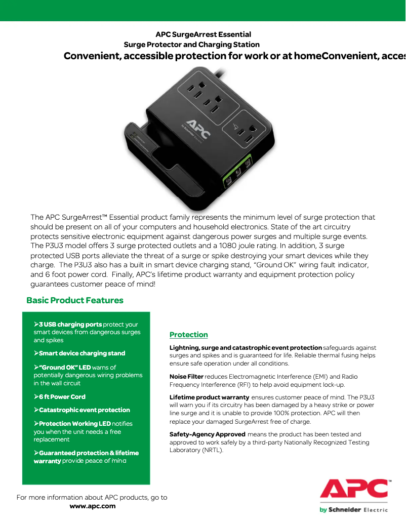 First page image of the manual for SurgeArrest Essential P3U3