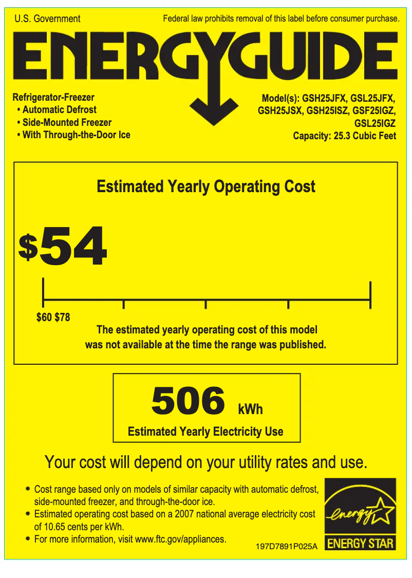 Page 1 of the manual Energy Label GE GSH25JSXSS