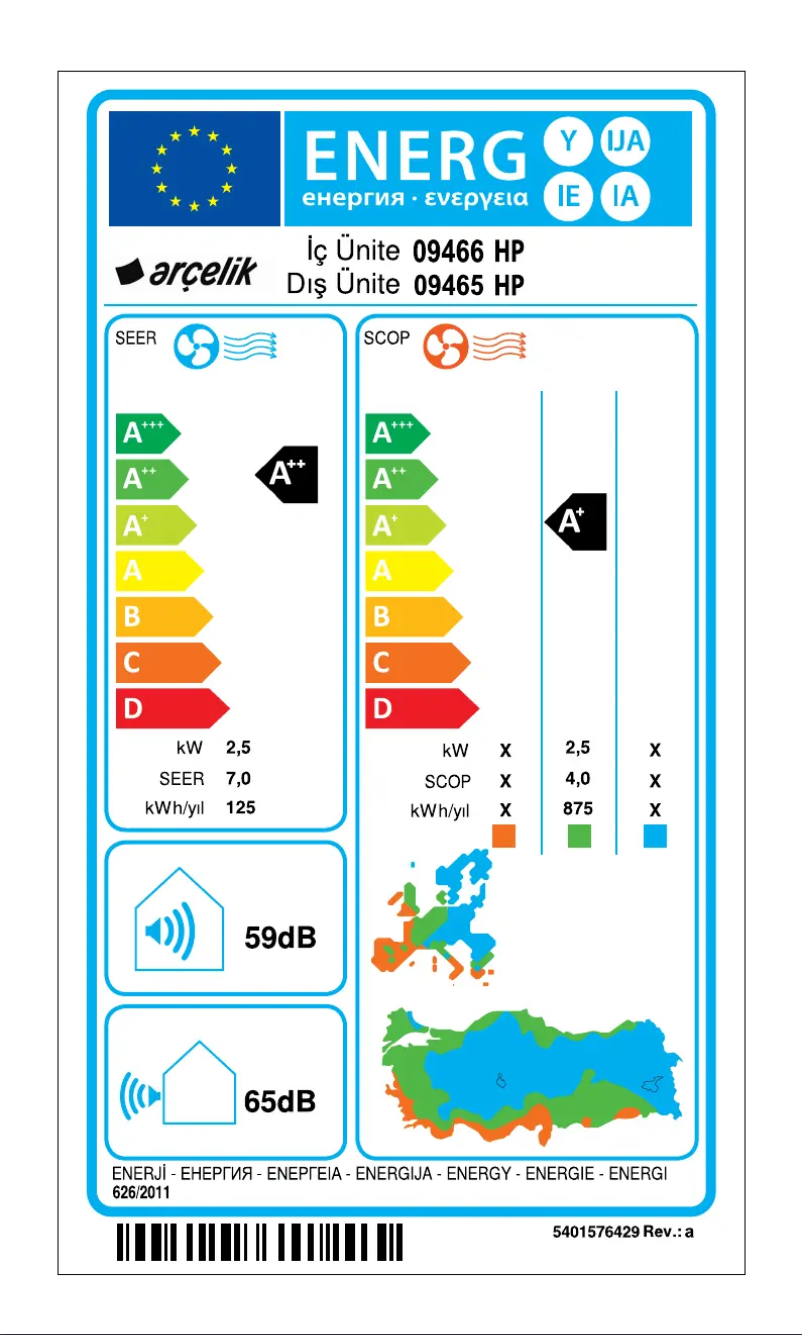 Page 1 of the manual Energy Label Arçelik 09465 HP