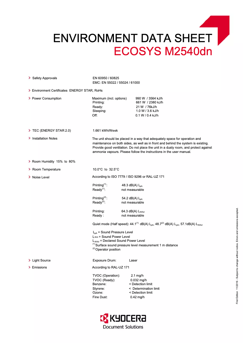 Page 1 of the manual Technical Sheet Kyocera ECOSYS M2540dn