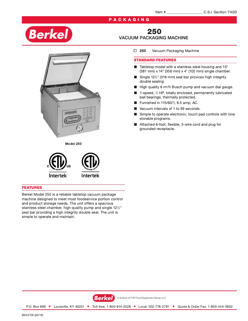 Page 1 of the manual Technical Sheet Berkel 250