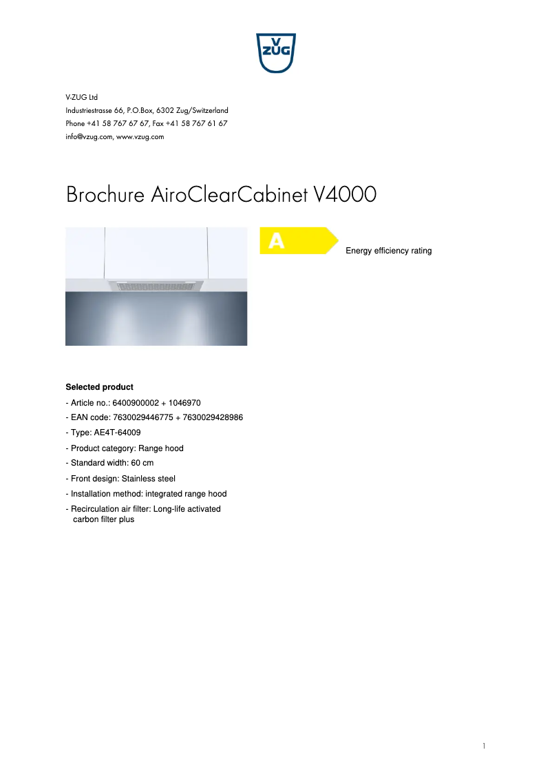 Page 1 of the manual Brochure V-Zug AiroClearCabinet V4000