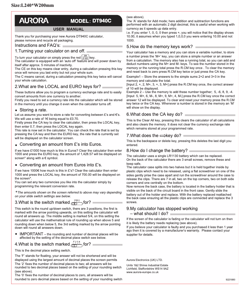 First page image of the manual for DT940C