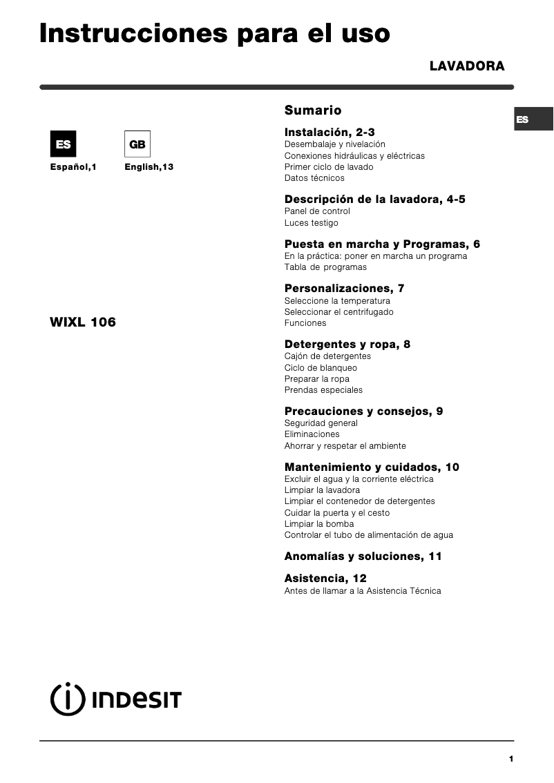 First page image of the manual for WIXL 106 (EU) (V)