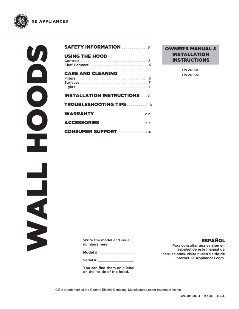 First page image of the manual for UVW8301SLSS