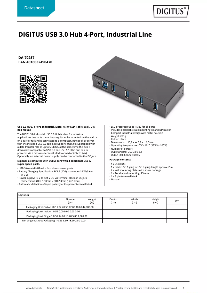 Page 1 of the manual Technical Sheet Digitus DA-70257